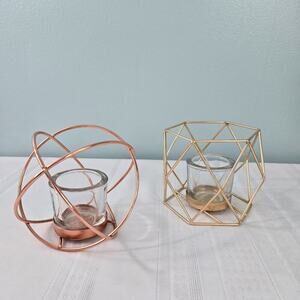Modern Geometric Metal Tealight Votive Candle Holders Gold & Rose  - Set of 2